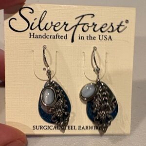 Silver Forest Blue Teardrop Earrings with Pale Blue Cabochons.  NWT. Jewelry